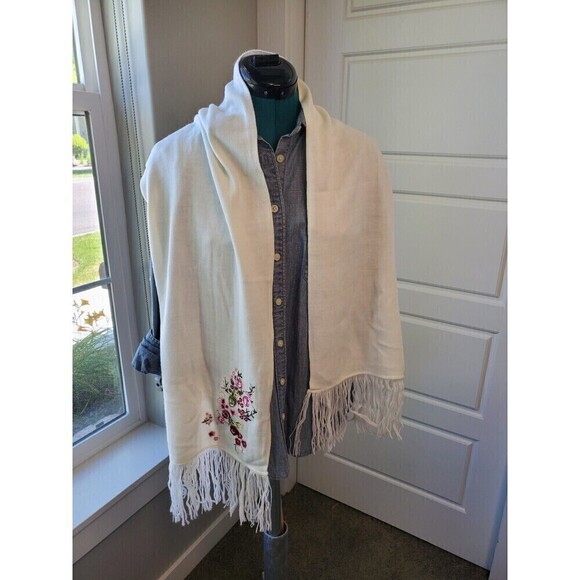 VINTAGE 100% CASHMERE CREAM LONG SCARF PINK FLOWERS EMBROIDERY WOMEN OS - Picture 2 of 12